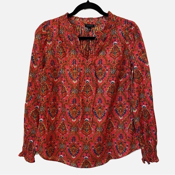 Talbots Ruffle Neck Floral Lattice Bright Berry Popover Blouse XSmall - Picture 10 of 10